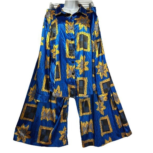 Tribalbyn Zambia African Print Blue Gold Matching Two Piece Set Size L New - Picture 2 of 16